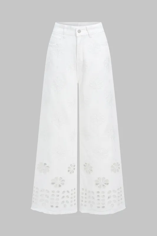 Denim Hollow Out Embroidery Straight Leg Jeans sold by Micas