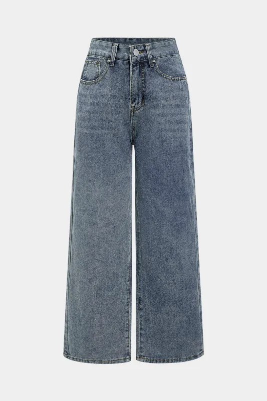 Denim Washed Wide Leg Leopard Print Pocket Jeans sold by Micas