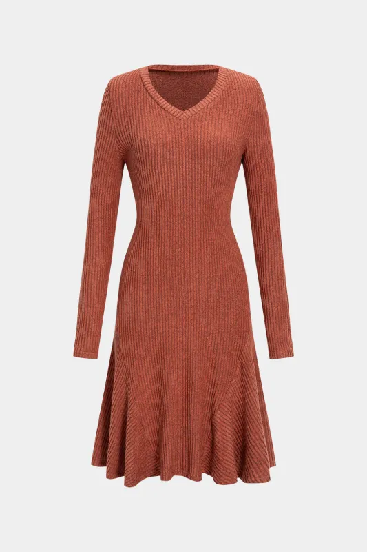 Knit V-Neck Ribbed Long Sleeve Dress sold by Micas