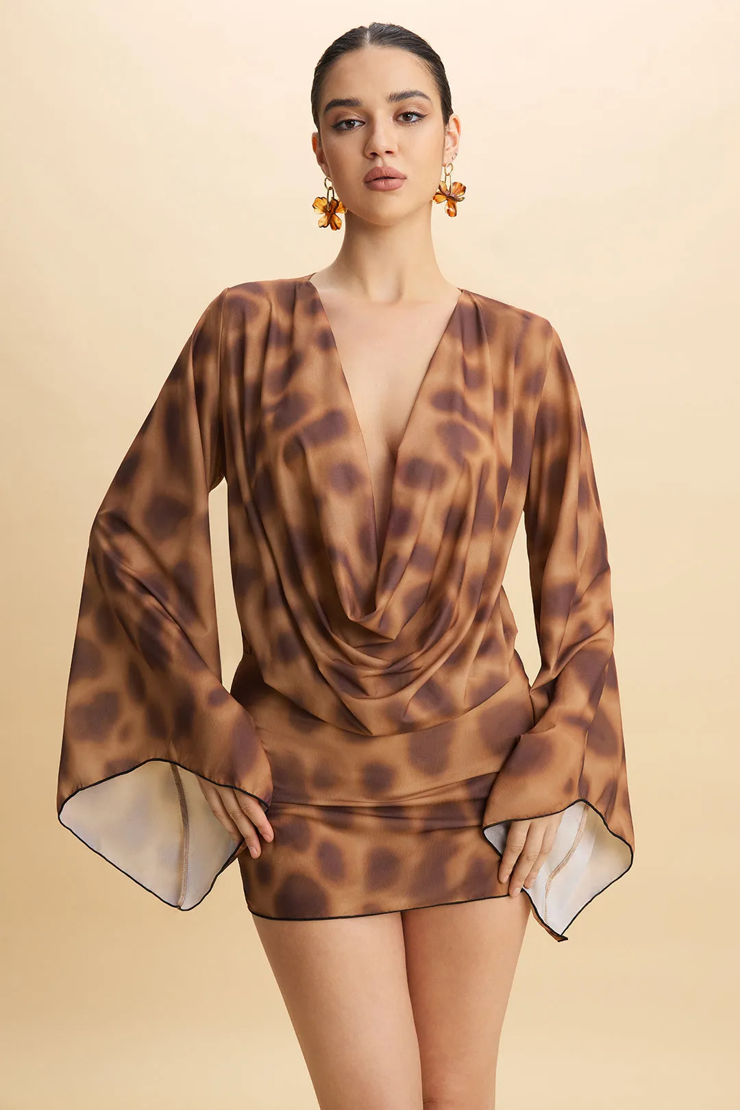 Leopard Print Draped Cowl Neck Long Sleeve Mini Dress sold by Micas product image thumbnail 4