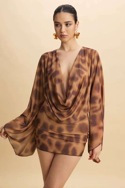 Leopard Print Draped Cowl Neck Long Sleeve Mini Dress sold by Micas