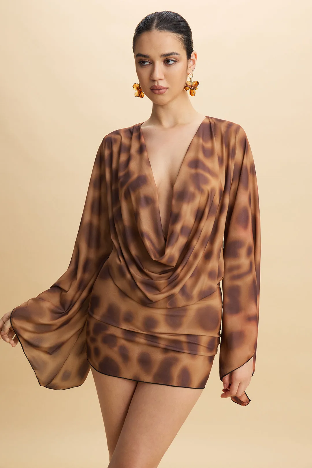 Leopard Print Draped Cowl Neck Long Sleeve Mini Dress sold by Micas