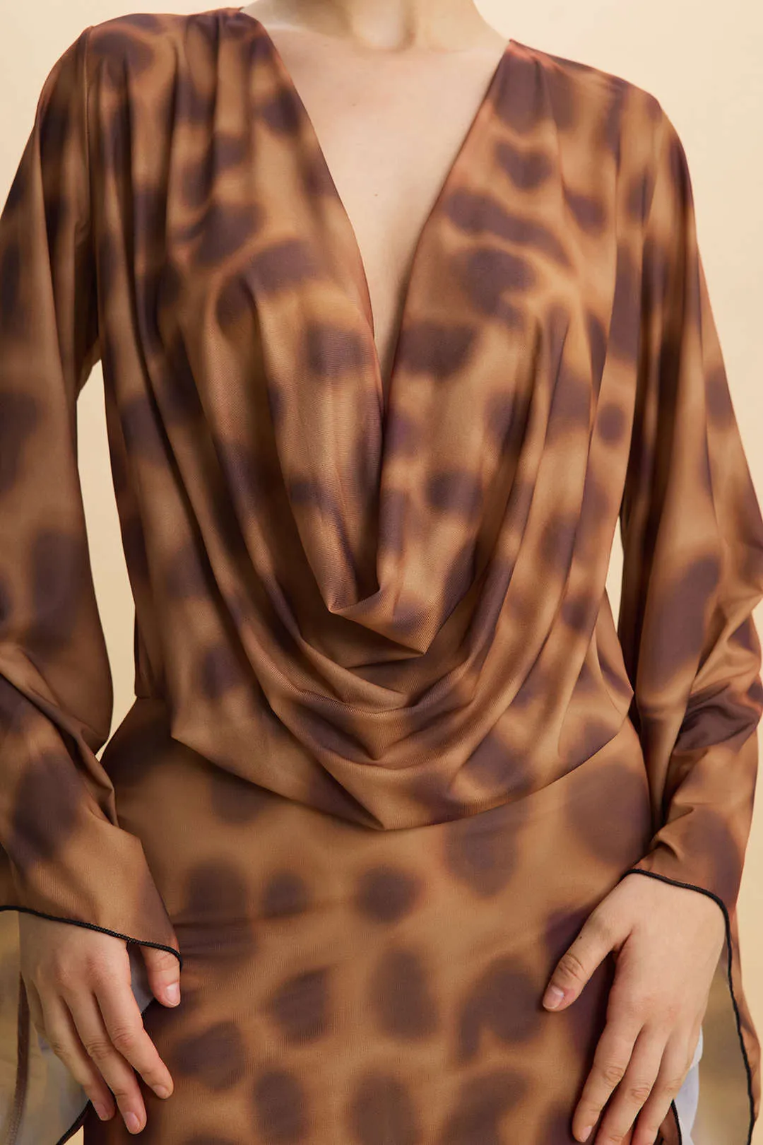 Leopard Print Draped Cowl Neck Long Sleeve Mini Dress sold by Micas product image thumbnail 3