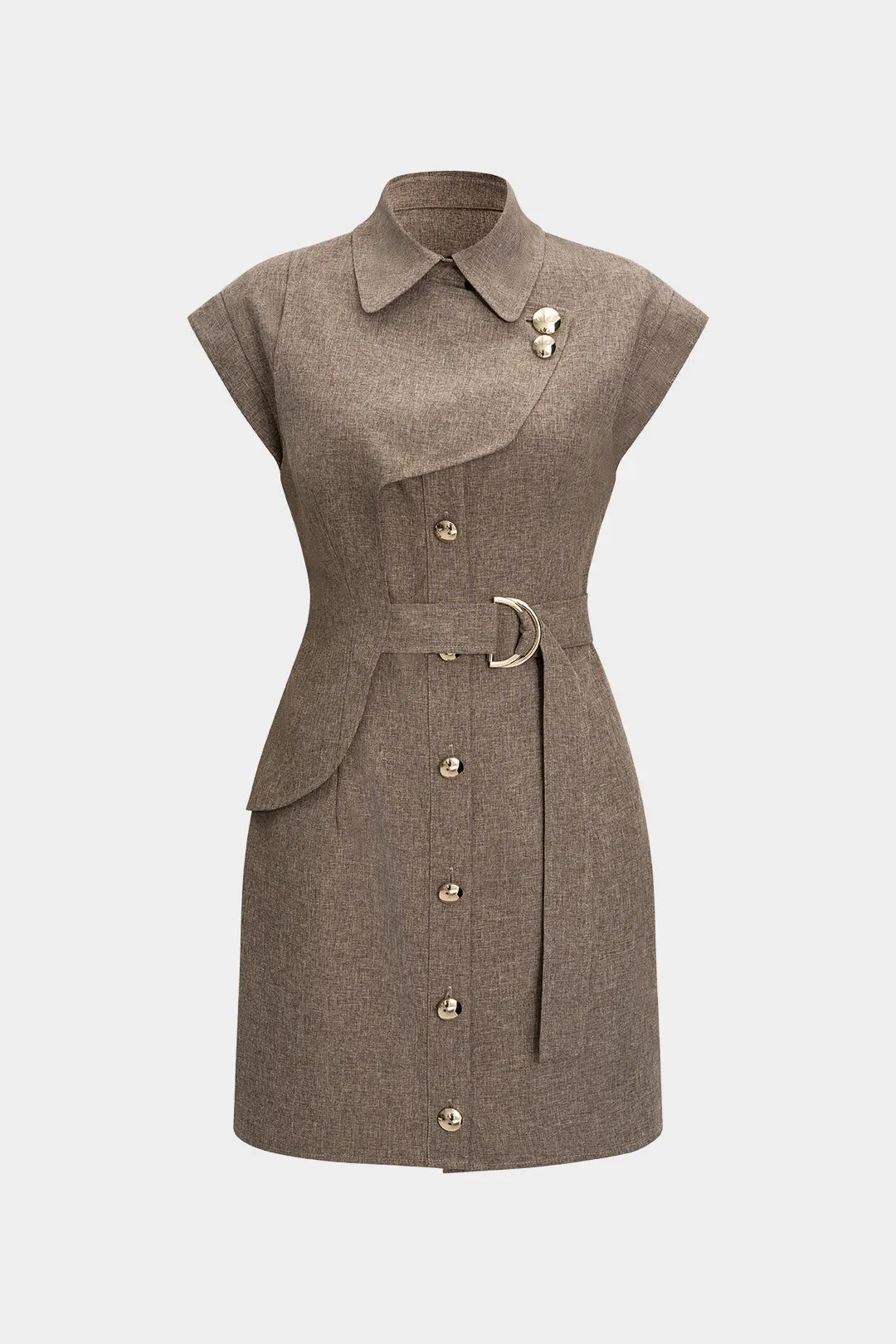 Asymmetrical Belted Button Short Sleeve Mini Dress sold by Micas