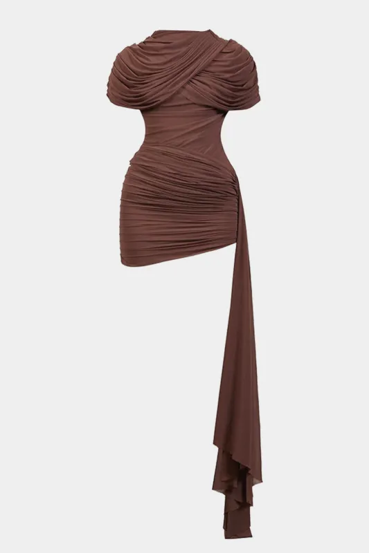 Mesh Ruched Asymmetrical Short Sleeve Mini Dress sold by Micas