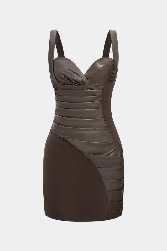 Faux Leather Pleated Zipper Slip Sleeveless Mini Dress sold by Micas