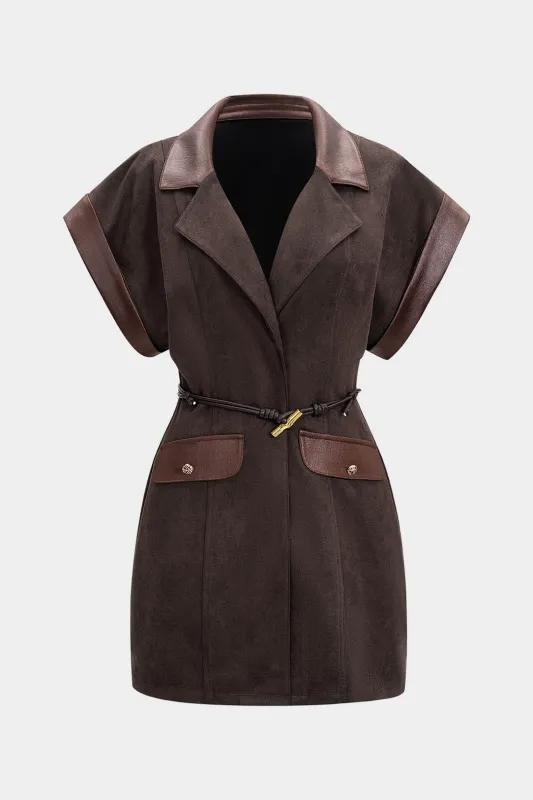 Faux Leather Suede V-Neck Patchwork Belted Sleeveless Mini Dress sold by Micas
