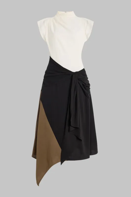 Contrast Asymmetrical Knotted Short-Sleeve Midi Dress sold by Micas