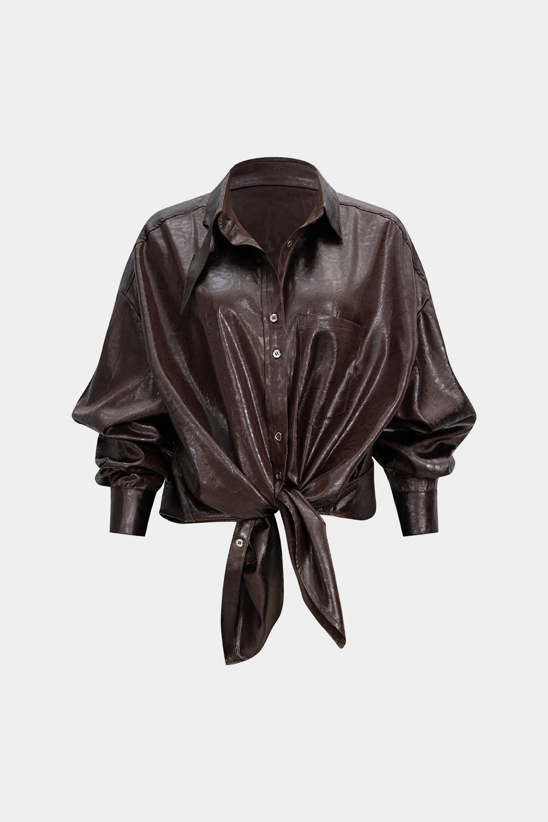 Faux Leather Button Long-Sleeve Shirt sold by Micas