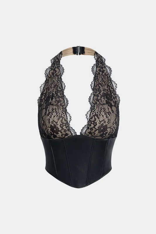 Faux Leather Halter Neck Lace Patchwork Tank Top sold by Micas
