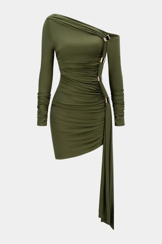 Metallic Ruched One Shoulder Asymmetrical Long Sleeve Mini Dress sold by Micas