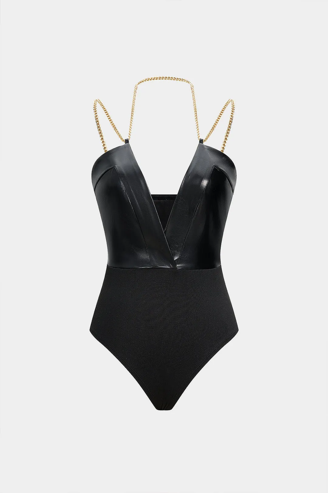 Faux Leather Chain Patchwork Sleeveless V-Neck Bodysuit sold by Micas