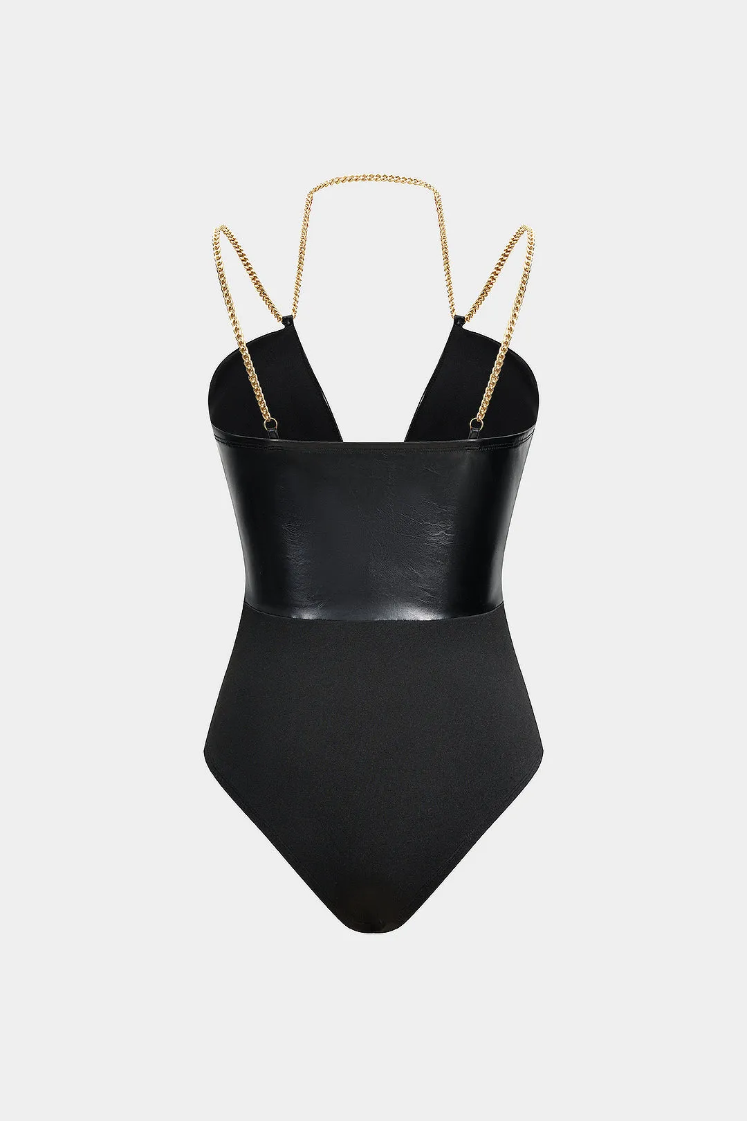 Faux Leather Chain Patchwork Sleeveless V-Neck Bodysuit sold by Micas product image thumbnail 2