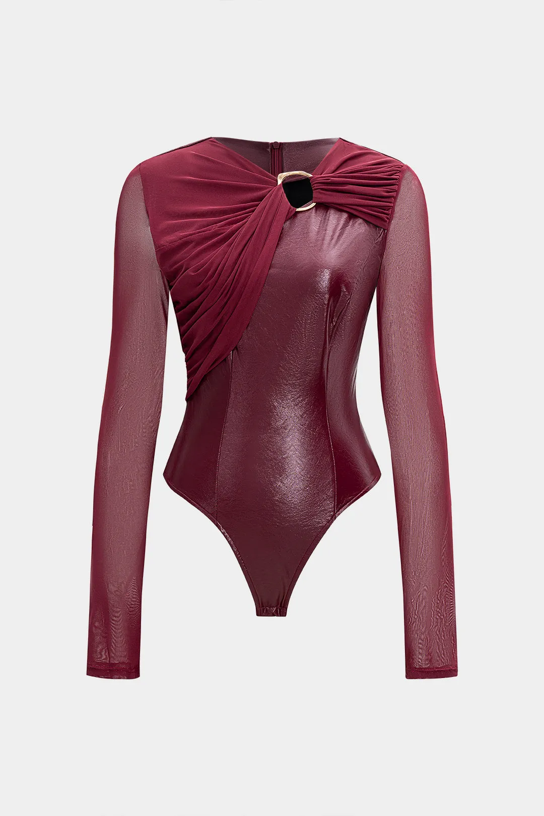 Faux Leather Mesh Metallic Patchwork Long Sleeve Bodysuit sold by Micas