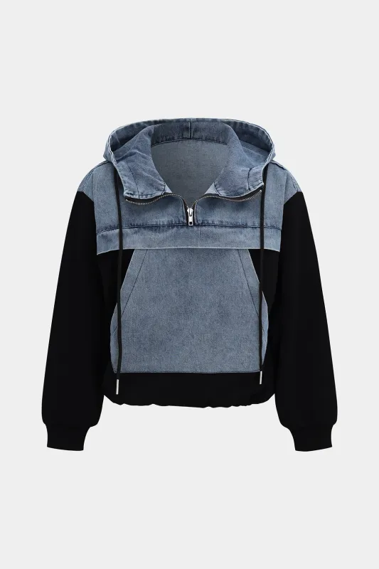 Denim Patchwork Long-Sleeve Hoodie sold by Micas