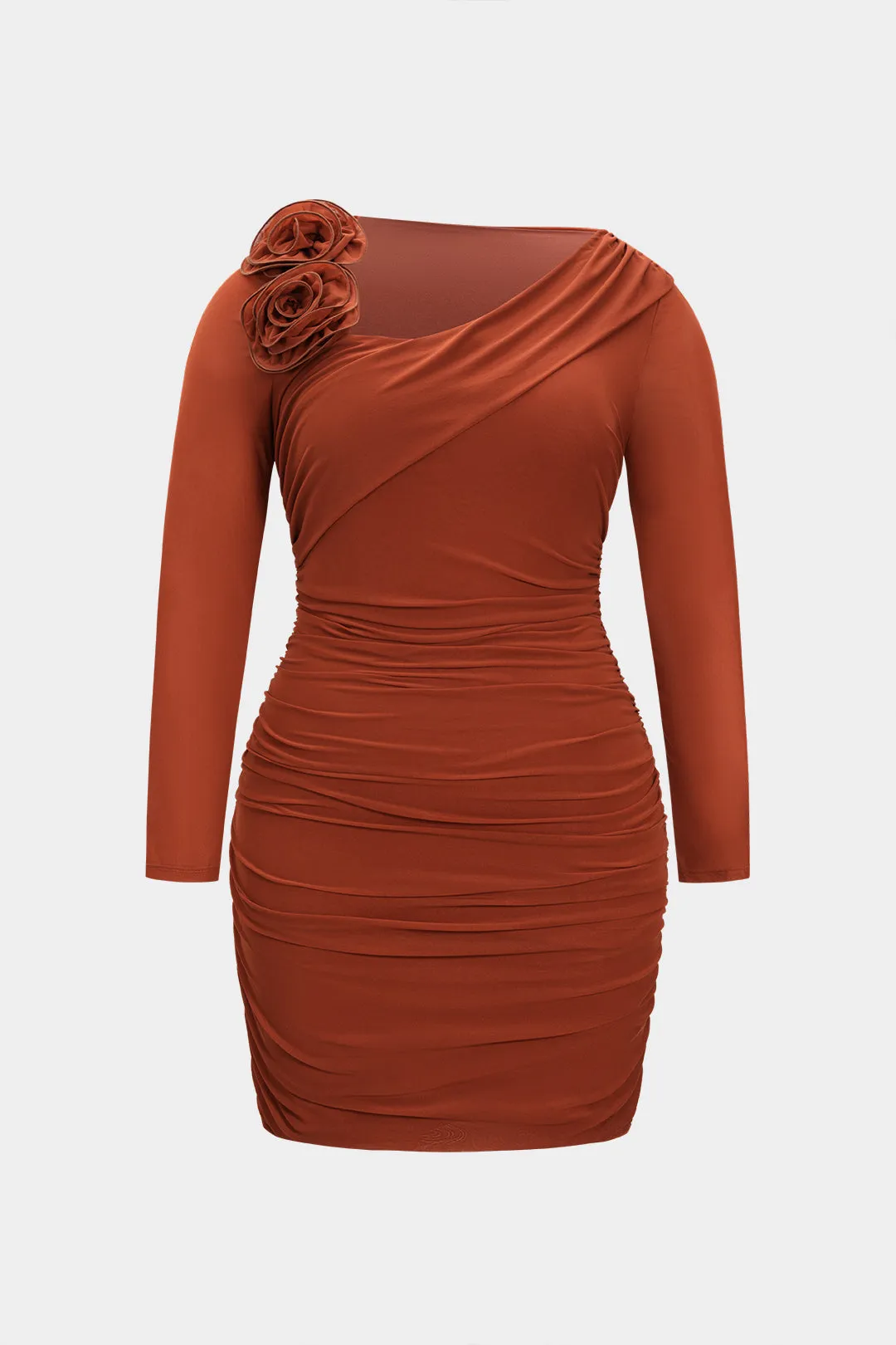 Plus Size Mesh 3D Flower Decor Ruched Asymmetrical Long Sleeve Mini Dress sold by Micas