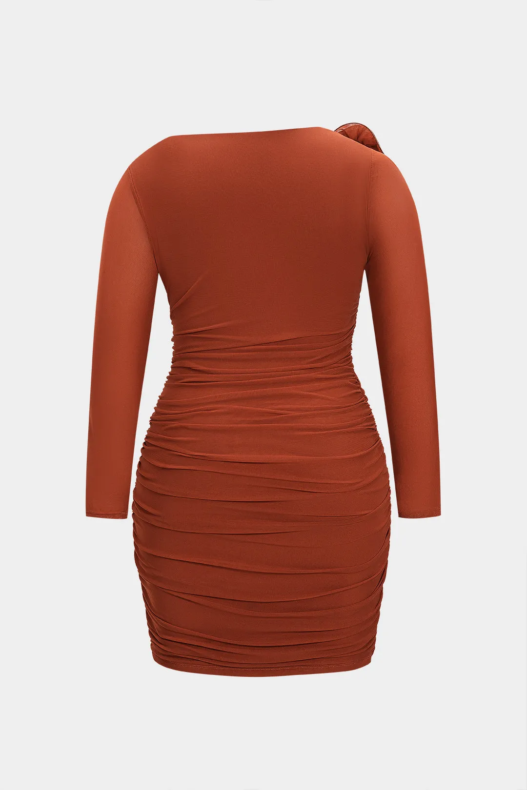 Plus Size Mesh 3D Flower Decor Ruched Asymmetrical Long Sleeve Mini Dress sold by Micas product image thumbnail 2