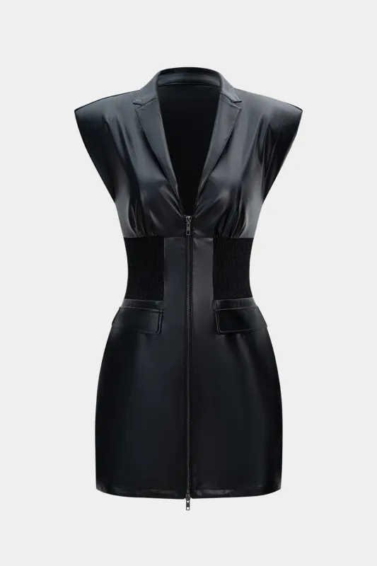 Faux Leather Shirred Patchwork V-Neck Sleeveless Mini Dress sold by Micas