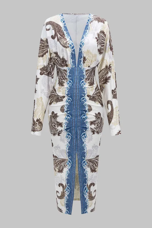 Paisley Denim Print Ruched V-Neck Long Sleeve Maxi Dress sold by Micas