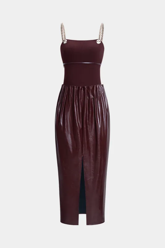 Faux Leather Patchwork Metallic Cahin Slip Sleeveless Maxi Dress sold by Micas