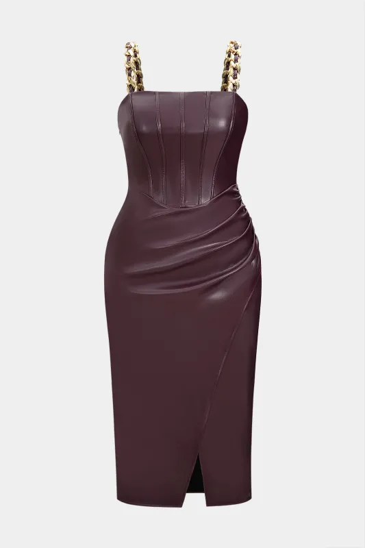 Plus Size Faux Leather Zipper Metallic Ruched Sleeveless Midi Dress sold by Micas