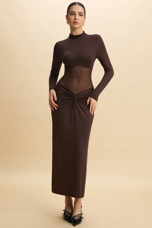 Sheer Patchwork Mesh Ruched Long Sleeve Maxi Dress sold by Micas