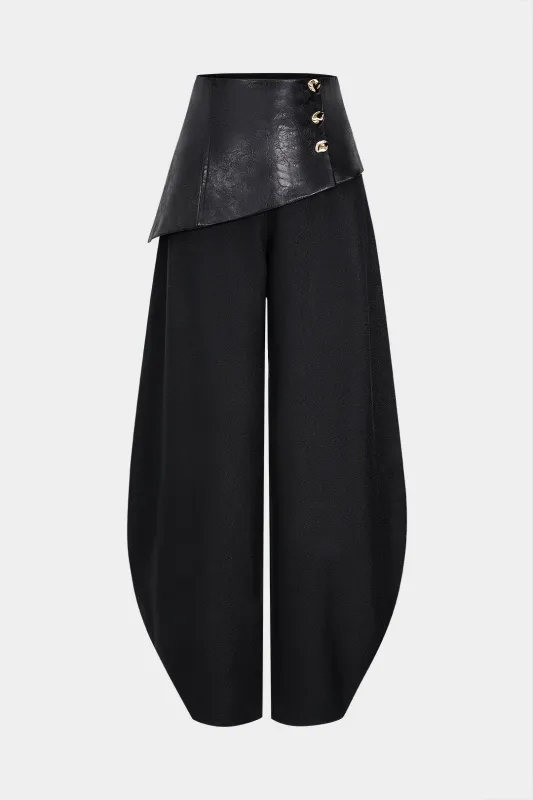 Faux Leather Metallic Asymmetrical Patchwork Trousers sold by Micas