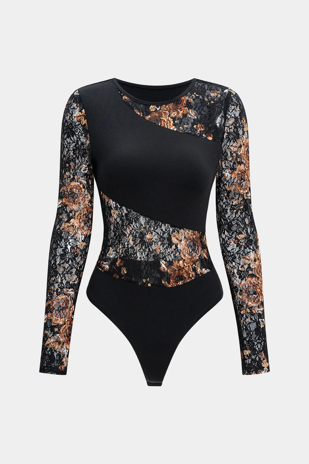 Floral Print Patchwork Round Neck Long Sleeve Bodysuit sold by Micas