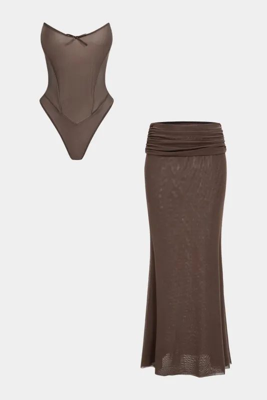 Corset Strapless Bodysuit And Ruched Low Waist Skirt Set sold by Micas