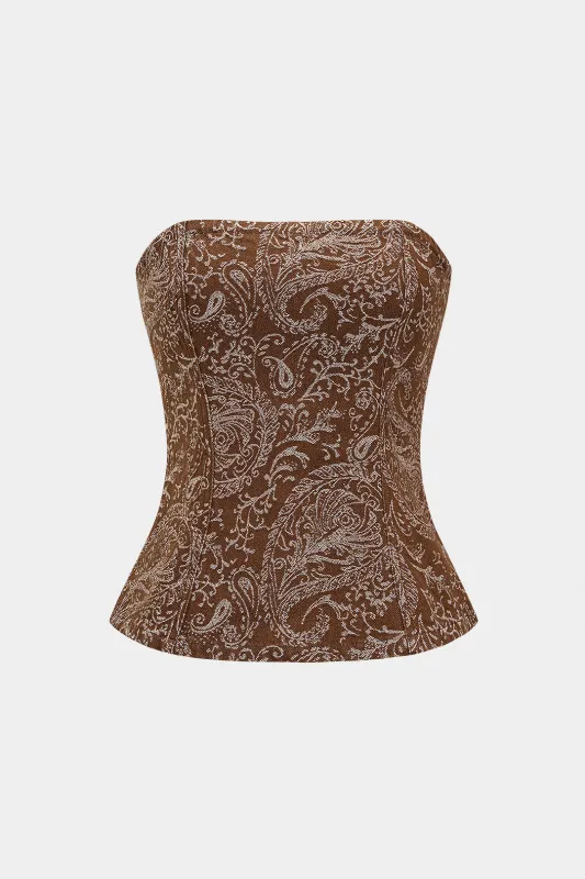 Paisley Print Denim Ruched Zipper Strapless Tube Top sold by Micas