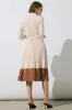 Contrast Pleated V-Neck Belted Long Sleeve Midi Dress sold by Micas