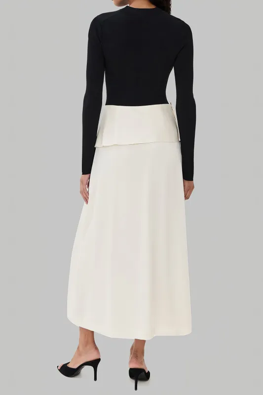 Asymmetrical Contrast Ruffle Side Slit Long-Sleeve Maxi Dress sold by Micas