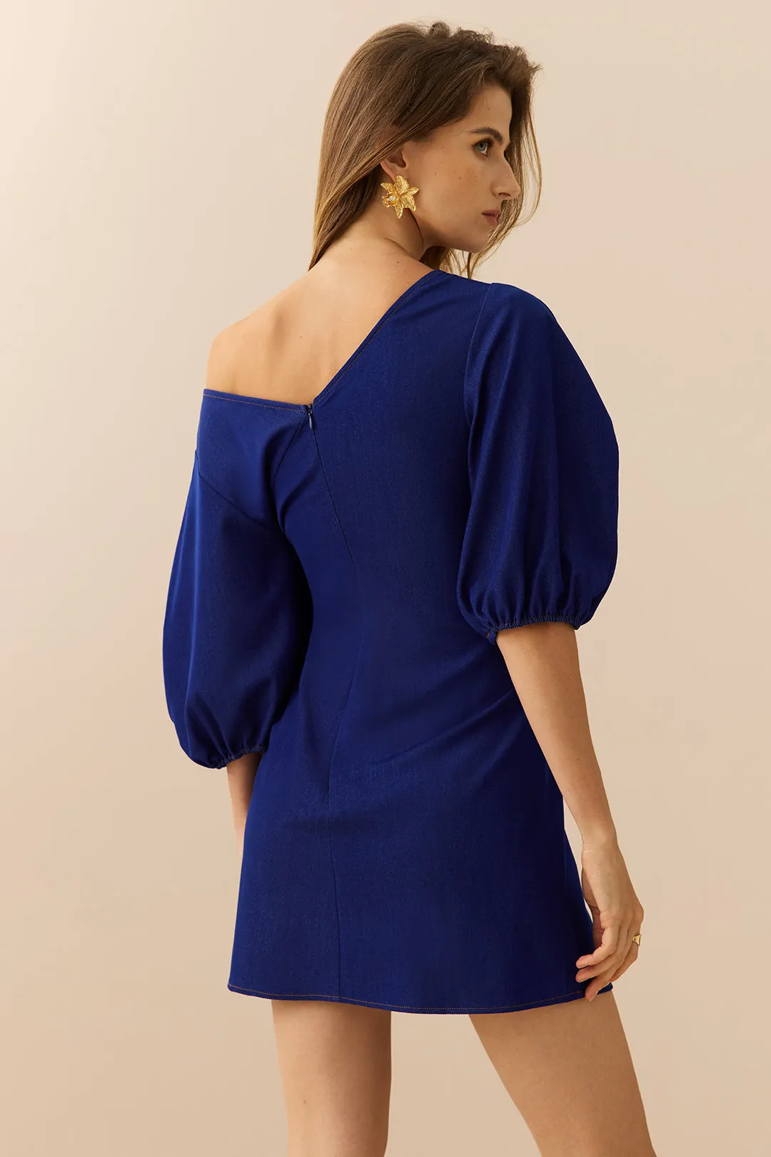 Denim Metallic Ruched Puff Short-Sleeve Mini Dress sold by Micas product image thumbnail 2