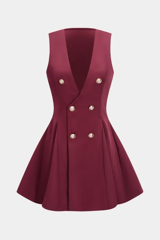 Pleated Button V-Neck Sleeveless Mini Dress sold by Micas