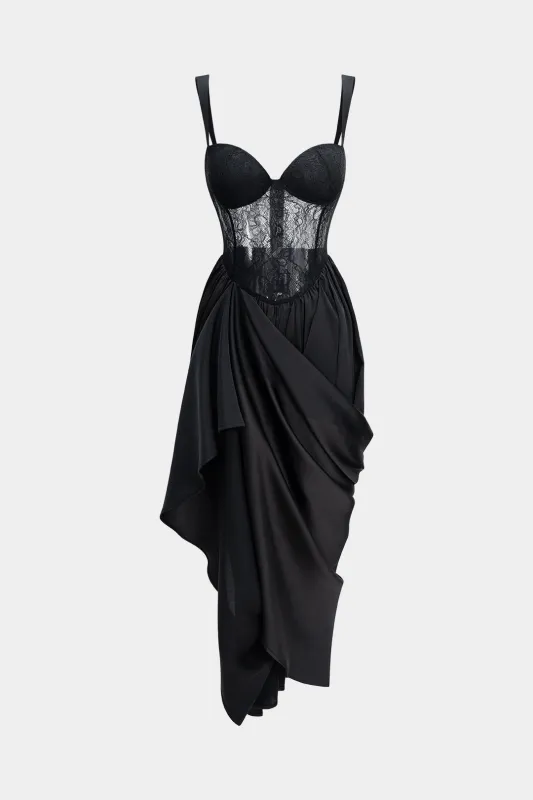 Satin Patchwork Ruched Asymmetrical Sleeveless Maxi Dress sold by Micas