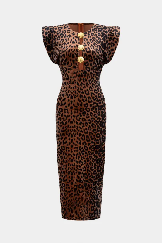 Leopard Print Metallic Decor Round Neck Zipper Short-Sleeve Maxi Dress made by Micas
