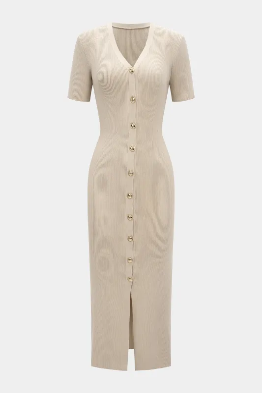 Knit Button V-Neck Short Sleeve Dress sold by Micas