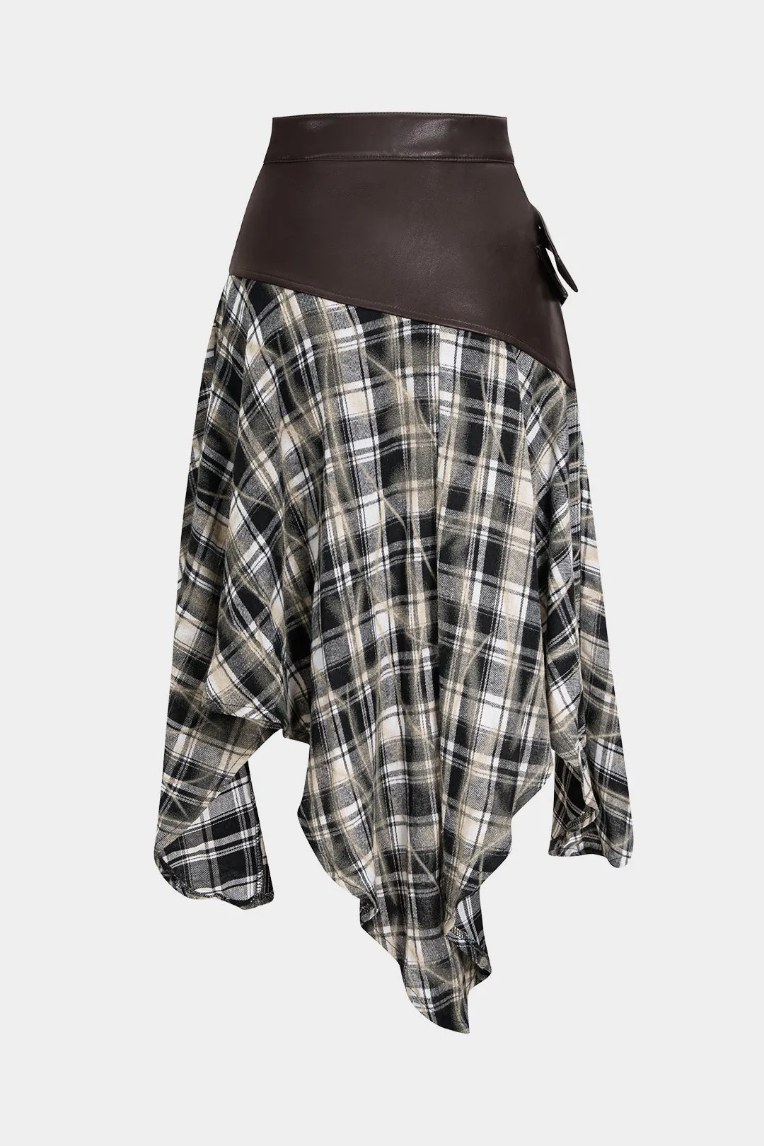 Plaid Print Faux Leather Patchwork Irregular Hem Skirt sold by Micas product image thumbnail 2