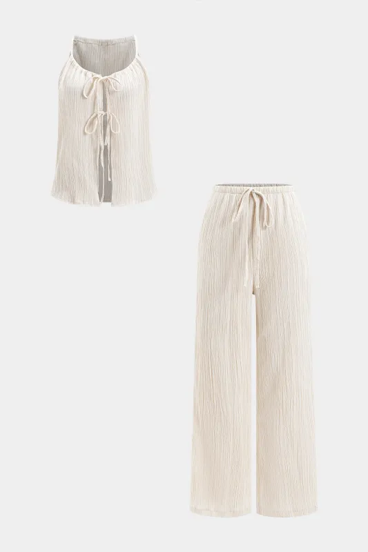 RUCHED TIE FRONT TANK TOP OG TIE FROP WIDE BENE BUTUSERS SET sold by Micas