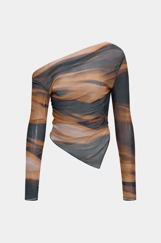 Tie Dye Print Mesh Asymmetrical Neck Long Sleeve T-shirt sold by Micas