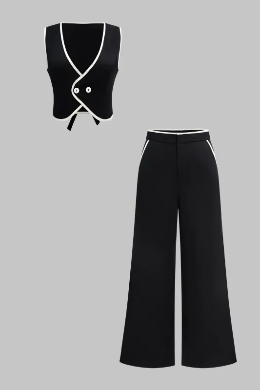 V-Neck Button Tie-Back Tank Top And Wide Leg Trousers Set sold by Micas
