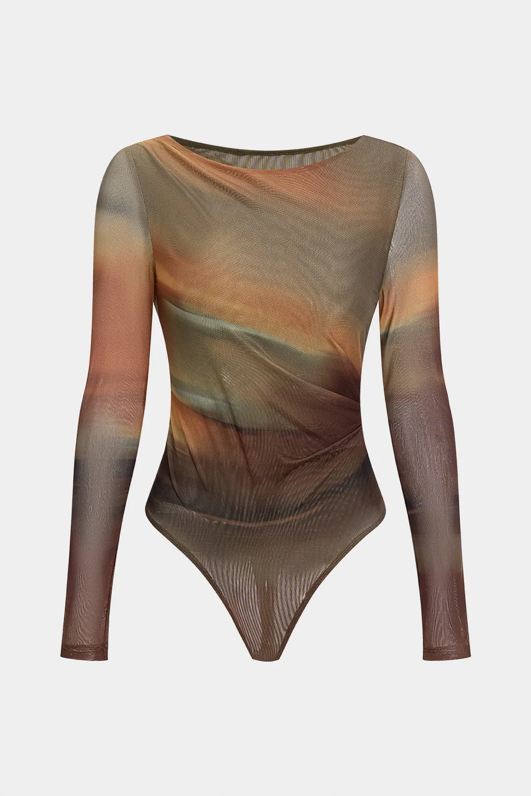 Ombre Print Mesh Ruched Boat Neck Long Sleeve Bodysuit sold by Micas
