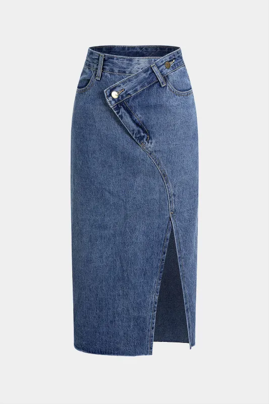 Denim High Waist Asymmetrical Skirt sold by Micas