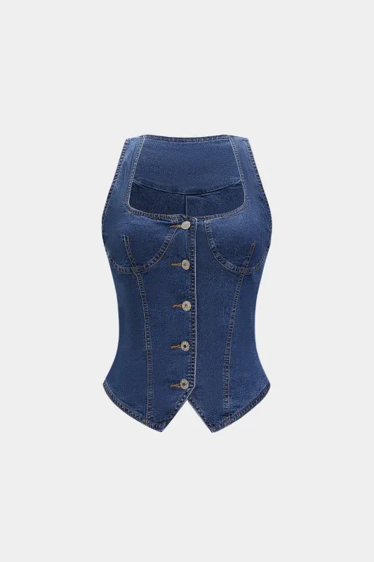 Denim Button Crop Top sold by Micas