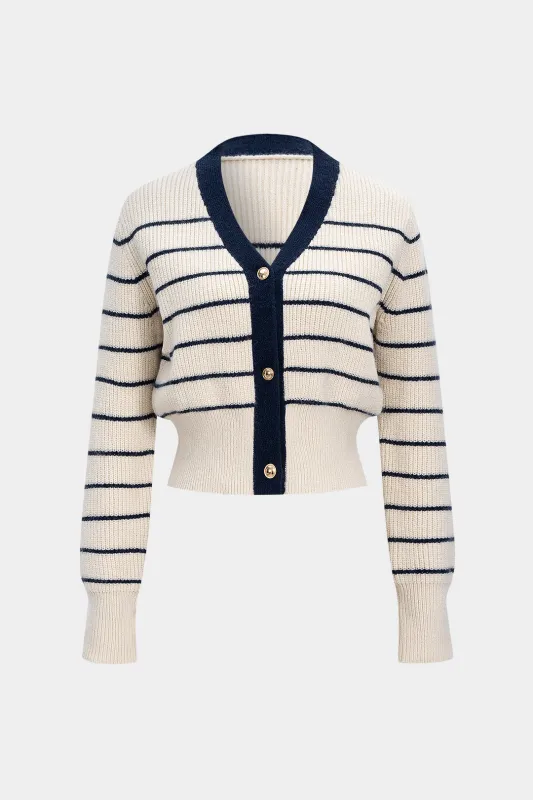 Knit Contrast Stripes Print Button V-Neck Sweater Cardigan sold by Micas