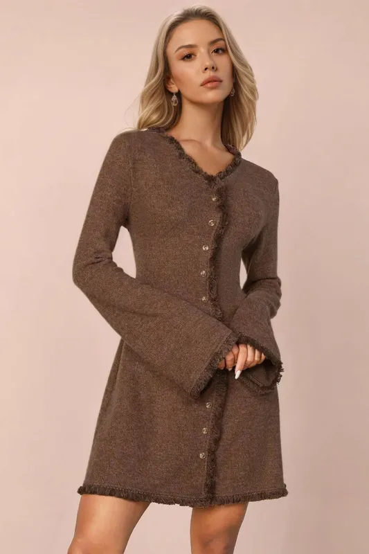 Button Frayed Long Sleeve Mini Dress sold by Micas