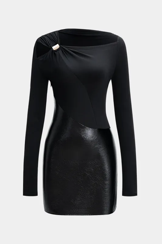 Faux Leather Metallic Patchwork Hollow Out Long Sleeve Mini Dress sold by Micas