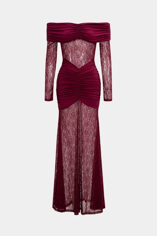 Off Shoulder Patchwork Ruched Long Sleeve Maxi Dress sold by Micas