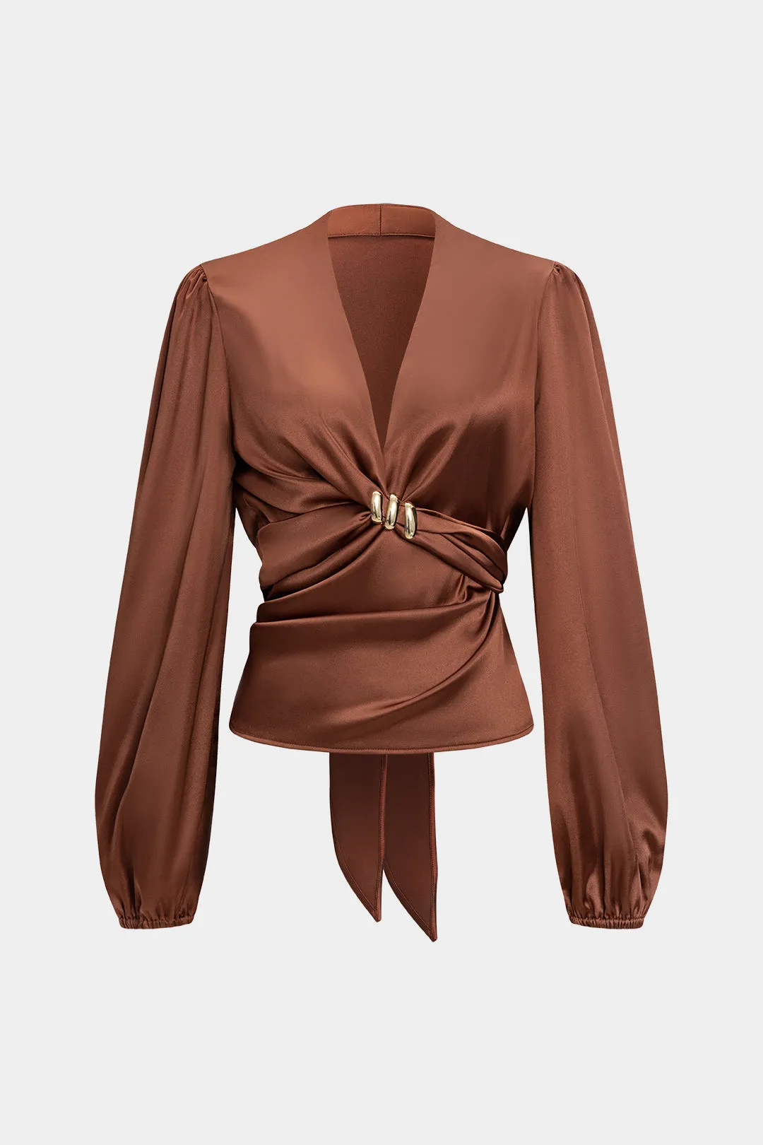 Satin Metallic Decor Tie Back Ruched Long-Sleeve Shirt sold by Micas