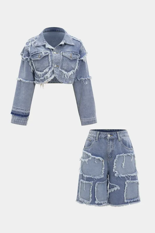 Denim Ripped Patched Long-Sleeve Top And Jorts Set sold by Micas